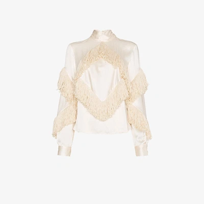 Christopher Kane Fringed High Neck Long Sleeve Top - Neutrals In Nude & Neutrals