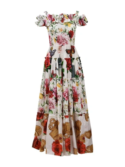Dolce & Gabbana Floral Cotton Dress In Bianco-multicolor