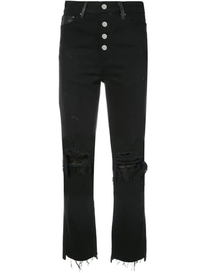 Amiri Leather And Denim Crop Flare Jeans In Black