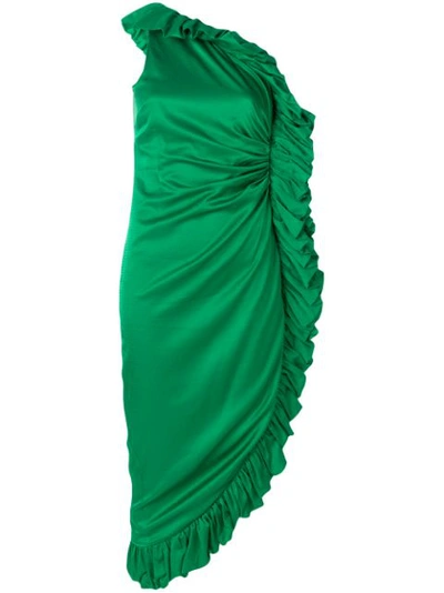 Attico One-shoulder Ruffled Hammered Cotton-blend Satin Dress In Green