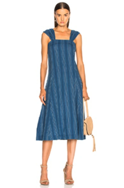 The Great Sundown Sleeveless Textured-stripe Yea-length Denim Dress In Blue,stripes