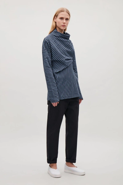 Cos Striped Top With Draped Neck In Blue