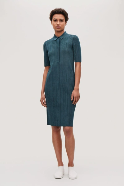 Cos Ribbed Polo Dress In Blue