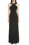 Emporio Armani A-line Halter Jersey Evening Gown W/ Satin Trim In Black