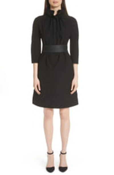 Emporio Armani Ruched High-collar Easy Belted Tech Cady Dress In Black