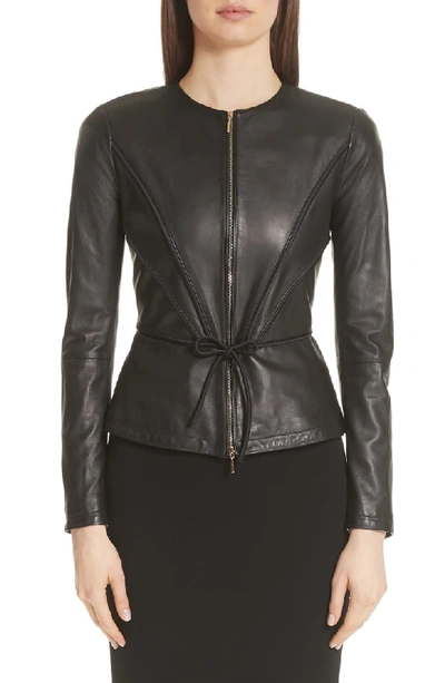 Emporio Armani Zip-front Pleated Leather Jacket W/ Tie Detail In Black