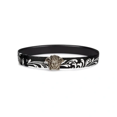 Versace Baroque-print Medusa Reversible Leather Belt In Black And White