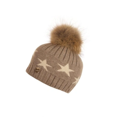 Popski London Faux Fur Angora Pom Pom Hat With Stars - Soft Fawn