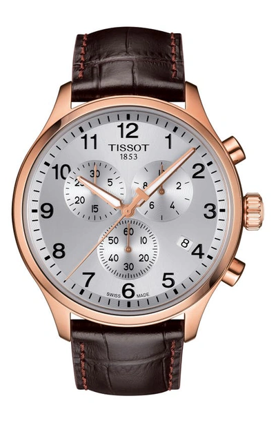 Tissot Chrono Xl Collection Chronograph Leather Strap Watch, 45mm In Brown/ Silver/ Rose Gold