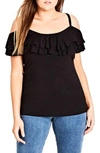 City Chic Ruffle Romance Off The Shoulder Top In Black
