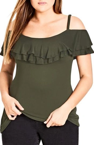 City Chic Ruffle Romance Off The Shoulder Top In Khaki