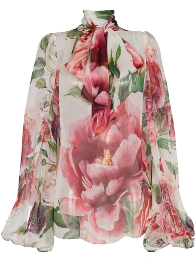 Dolce & Gabbana Tie-neck Long-sleeve Rose & Peony-print Silk Chiffon Blouse In Pink / Multicolour