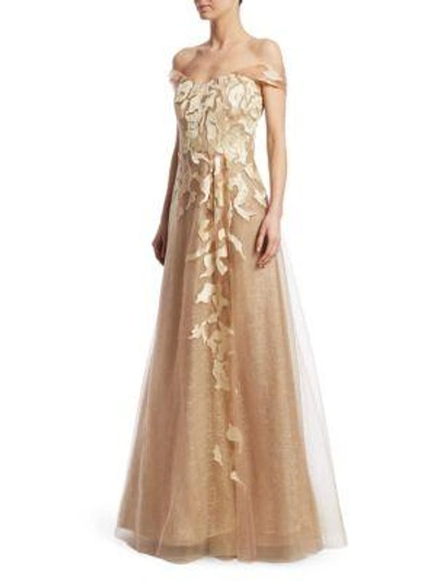 Rene Ruiz Off-the-shoulder Embroidery Gown In Gold
