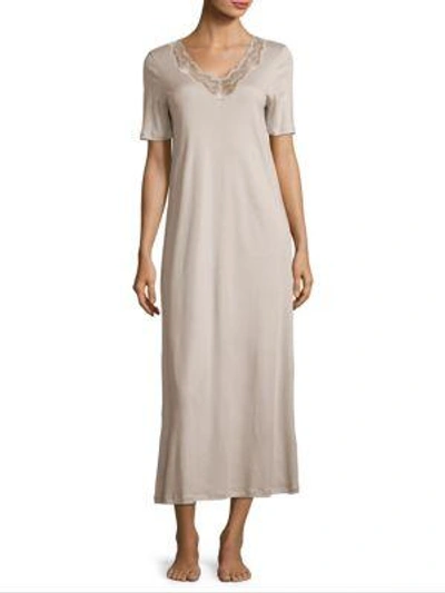 Hanro Valencia Lace-trimmed Cotton Gown In Sandshell