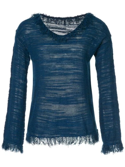Onefifteen Distressed Fringe Trim Top In Blue