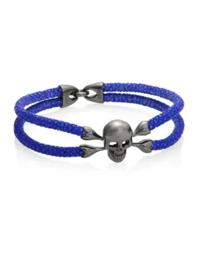 Stinghd Blackened Silver & Stingray Skull Wrap Bracelet In Blue