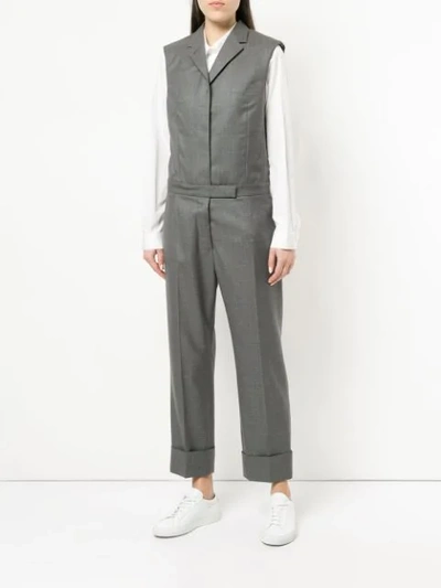 Thom Browne Sleeveleshort Sleeve Notch Collar Jumpsuit In Super 120's Twill In Grey