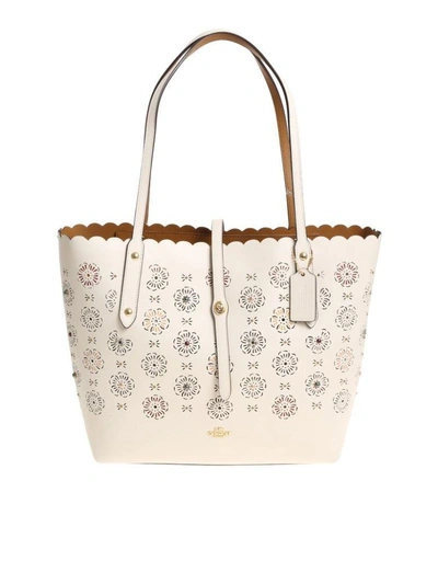 Coach Perforated Floral Tote In White
