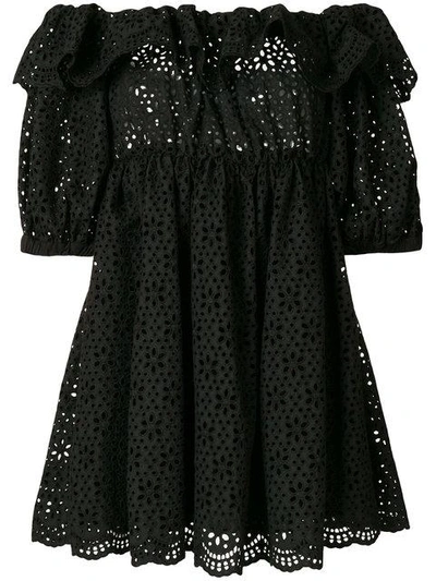 Msgm Eyelet-embellished Off-the-shoulder Dress - Black