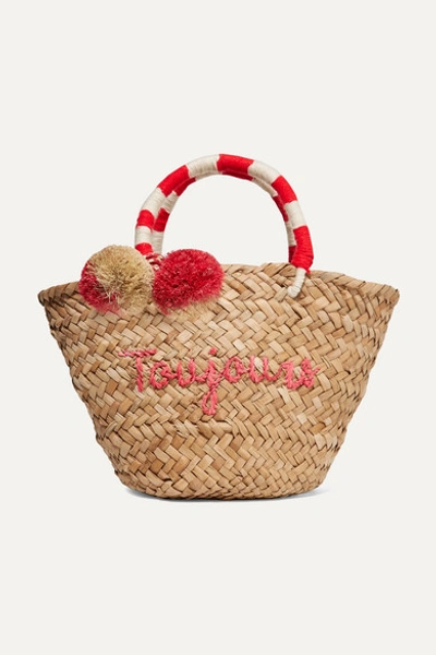 Kayu St Tropez Mini Pompom-embellished Embroidered Woven Straw Tote In Neutral