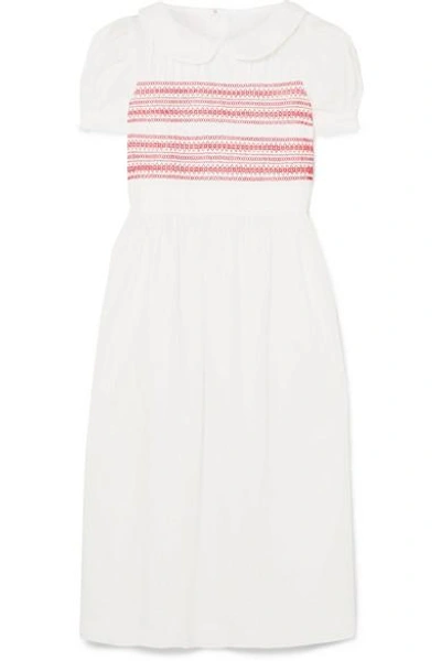 Comme Des Garcons Girl Embroidered Shirred Cotton-poplin Midi Dress In White