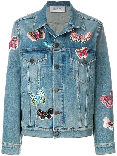 Valentino Embroidered Butterfly Denim Jacket In Blue