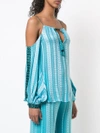 Zeus + Dione Patterned Cold Shoulder Blouse In Blue