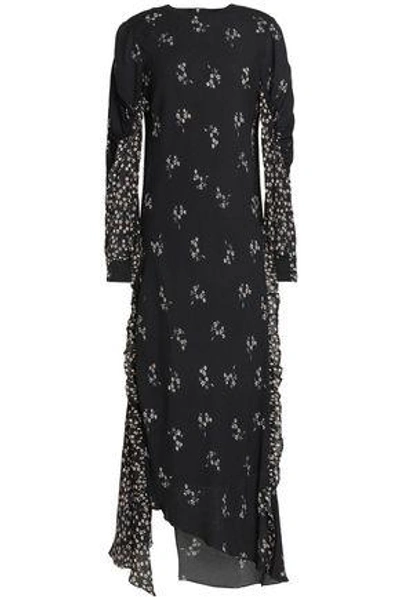 Tibi Woman Ruffle-trimmed Floral-print Crepe Maxi Dress Black
