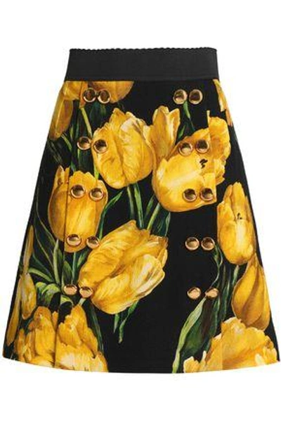 Dolce & Gabbana Button-embellished Floral-print Wool-crepe Skirt