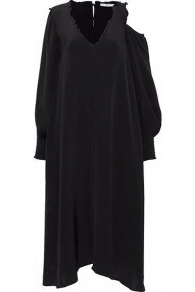 Tibi Woman Edwardian One-shoulder Ruffle-trimmed Silk Crepe De Chine Midi Dress Black