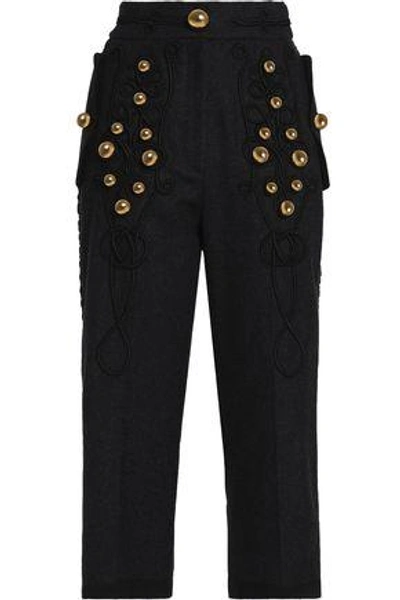 Dolce & Gabbana Woman Cropped Embellished Embroidered Wool-blend Straight-leg Pants Black