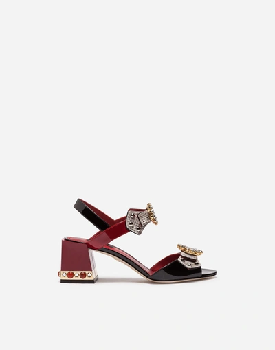 Dolce & Gabbana Sandal In Ayers Snakeskin And Patent Leather With Appliqués And Jewel Heel In Black