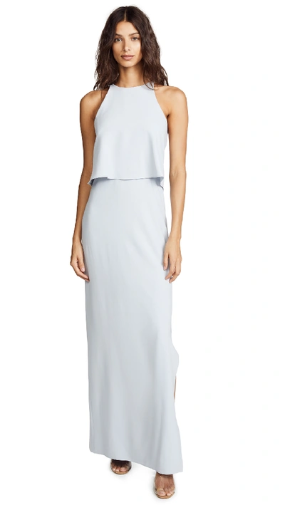 Halston Heritage High-neck Gown W/ Draped Ruffle Back In Breeze