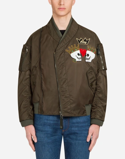 Dolce & Gabbana Nylon Bomber Jacket With Patches In Brown