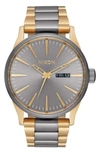 Nixon 'the Sentry' Bracelet Watch, 42mm In Gunmetal/ Gold