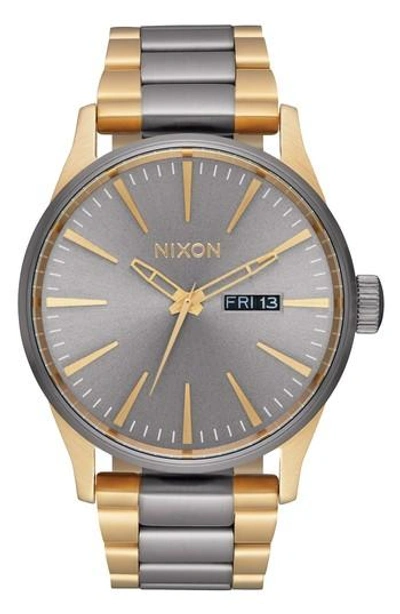 Nixon 'the Sentry' Bracelet Watch, 42mm In Gunmetal/ Gold