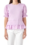 English Factory Mixed Media Eyelet Puff Sleeve Peplum Top In Purple