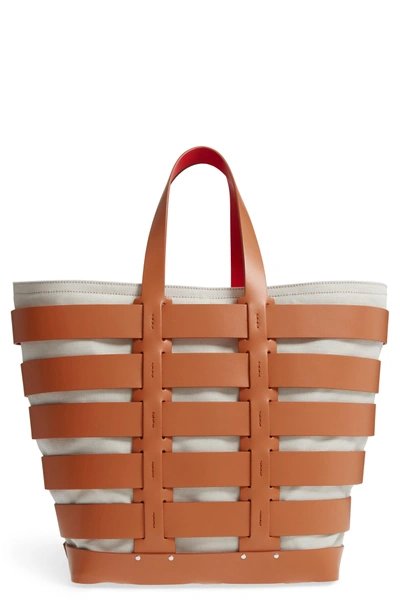 Paco Rabanne Cage Leather & Canvas Tote - Brown In Camel