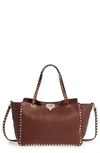 Valentino Garavani 'rockstud' Grained Calfskin Leather Tote - Brown In Light Brown