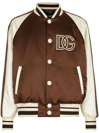 Dolce & Gabbana Technical Satin Jacket With Dg Patch In Brown