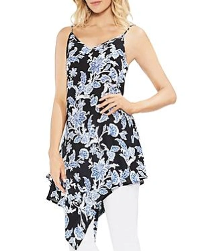 Vince Camuto Woodblock Floral Asymmetrical Tunic Top In Rich Black