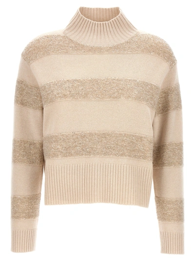 Brunello Cucinelli Sequin-embellished Stripe Wool-cashmere Sweater In Beige