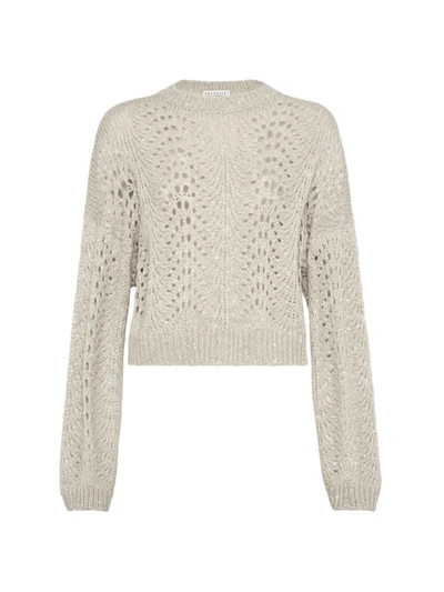 Brunello Cucinelli Cashmere Lace Knit Cropped Sweater With Micro Paillette Detail In Beige