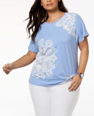 Tommy Hilfiger Plus Size Medallion-print Top, Created For Macy's In Dutch Blue
