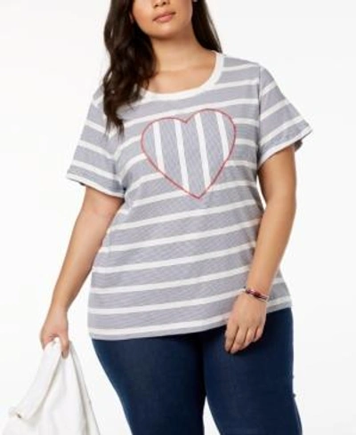 Tommy Hilfiger Plus Size Striped Heart Top, Created For Macy's In Ivory/blue