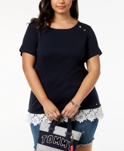 Tommy Hilfiger Plus Size Cotton Lace-trim Top, Created For Macy's In Sky Captain/ivory