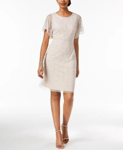 Adrianna Papell Beaded Flutter-sleeve Dress In White