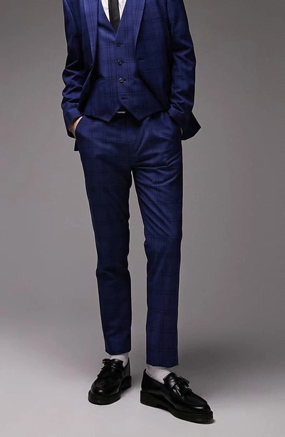 Topman Slim Fit Check Suit Trousers In Blue