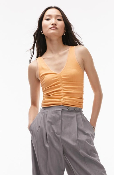 Topshop Ruched Rib V-neck Tank In Orange