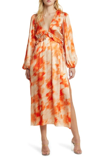 Topshop Riviera Tie Dye Long Sleeve Satin Dress In Orange